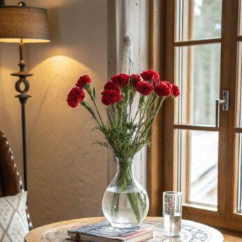 Ramillete de Claveles Rojos en jarrón sobre mesa redonda