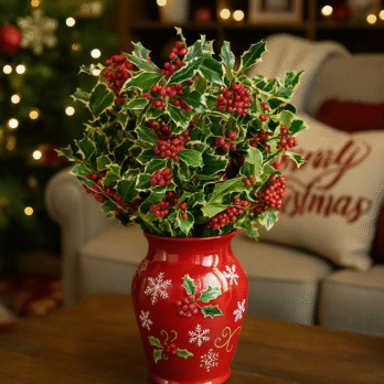 Ramillete de Acebo en jarrón rojo