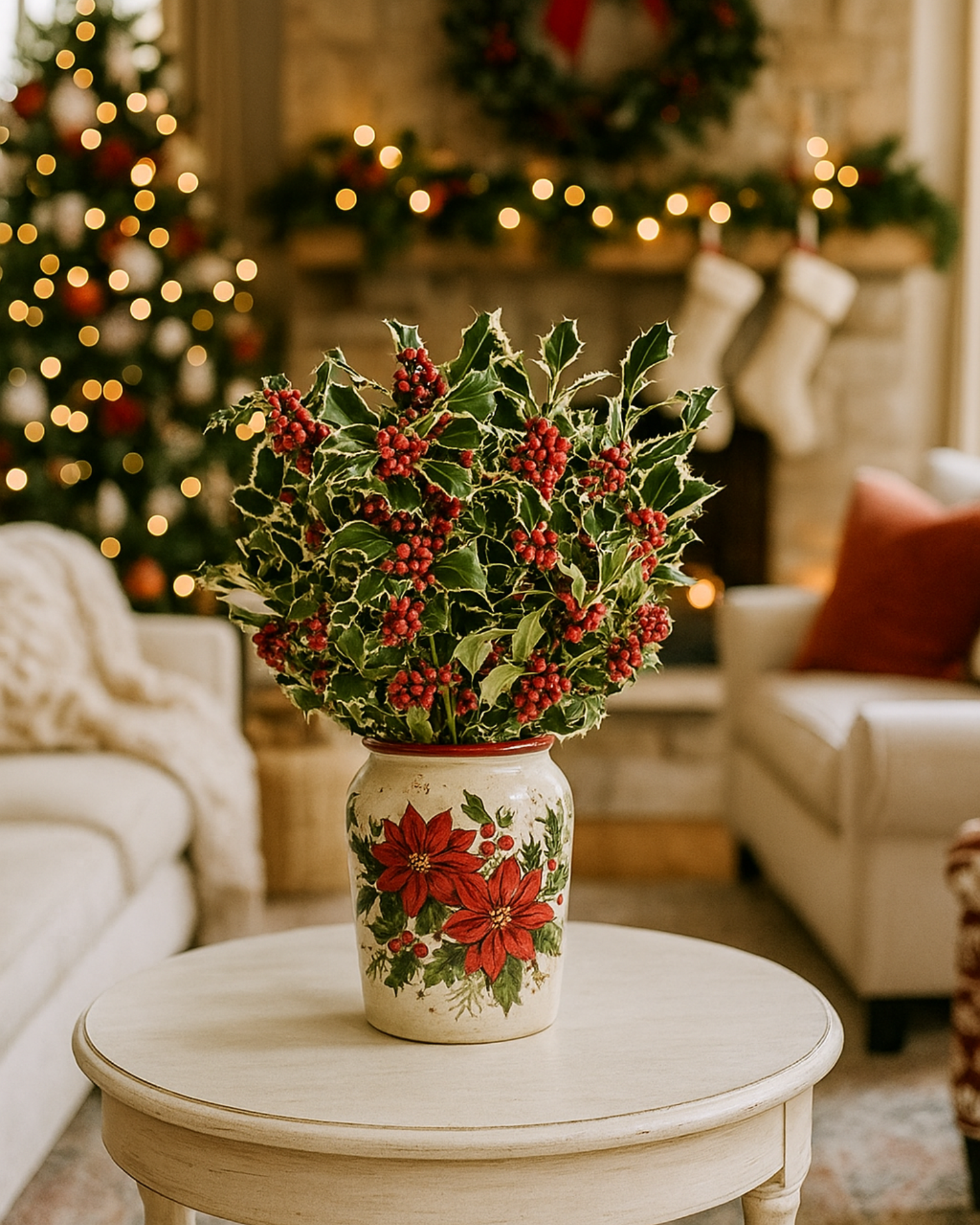 Ramillete de Acebo en jarrón blanco