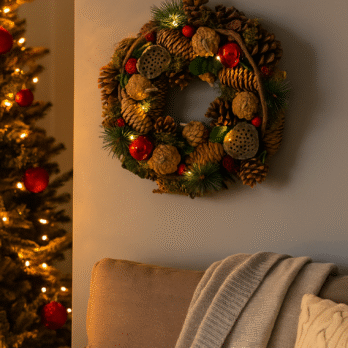 Corona de Navidad con piñas y Lotus en pared