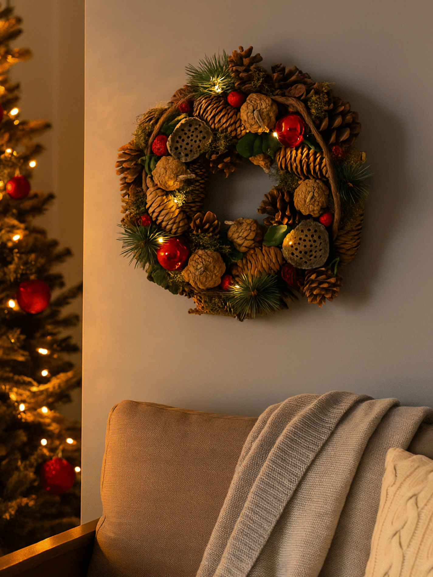 Corona de Navidad con piñas y Lotus en pared