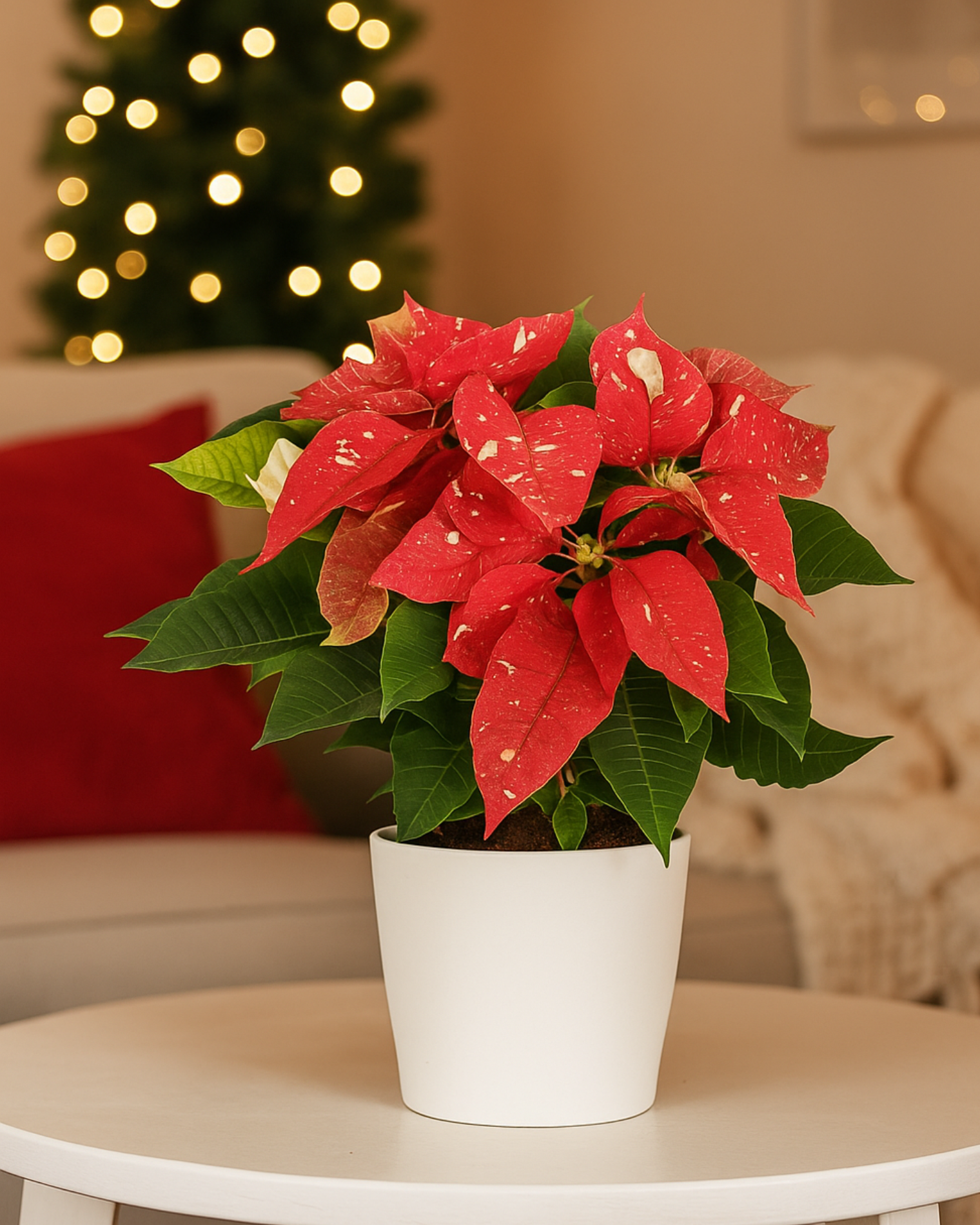 Poinsettia moteada en maceta blanca